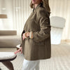 Women's Striped Stand-Neck Blazer with Shoulder Pads Pockets and a Single-Button Front
