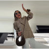 Women's Striped Stand-Neck Blazer with Shoulder Pads Pockets and a Single-Button Front