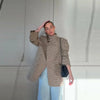 Women's Striped Stand-Neck Blazer with Shoulder Pads Pockets and a Single-Button Front