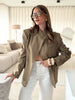 Women's Striped Stand-Neck Blazer with Shoulder Pads Pockets and a Single-Button Front