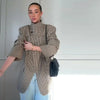 Women's Striped Stand-Neck Blazer with Shoulder Pads Pockets and a Single-Button Front