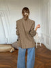 Women's Striped Stand-Neck Blazer with Shoulder Pads Pockets and a Single-Button Front