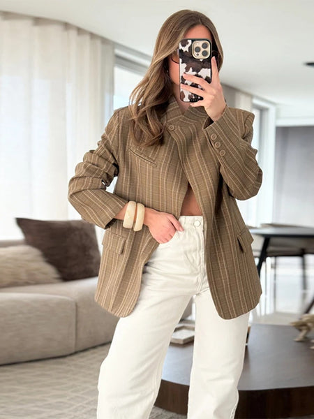 Women's Striped Stand-Neck Blazer with Shoulder Pads Pockets and a Single-Button Front