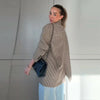 Women's Striped Stand-Neck Blazer with Shoulder Pads Pockets and a Single-Button Front