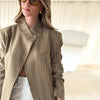 Women's Striped Stand-Neck Blazer with Shoulder Pads Pockets and a Single-Button Front