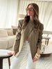 Women's Striped Stand-Neck Blazer with Shoulder Pads Pockets and a Single-Button Front