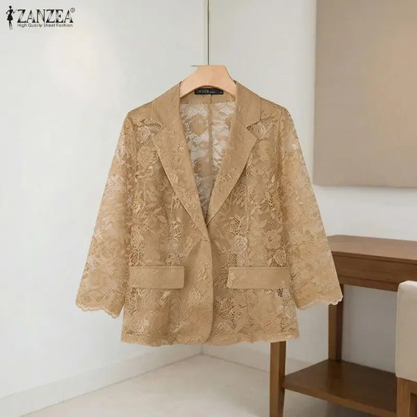Women's ZANZEA Lace Blazer Summer Spring 3 4 Sleeve Blazer OL Work Tops See-through Blazer Oversize Party Suits