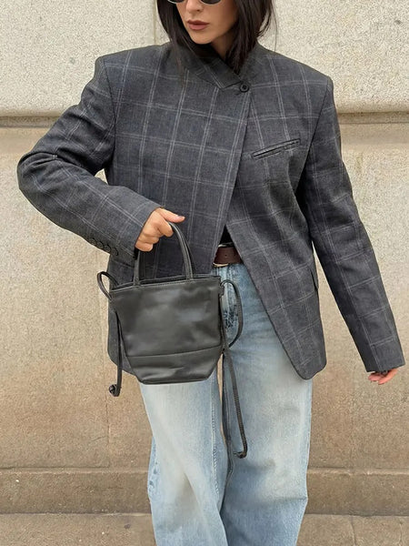 Women's Gray Plaid Stand-Collar Blazer Jacket with Long Sleeves