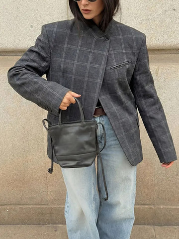 Women's Gray Plaid Stand-Collar Blazer Jacket with Long Sleeves