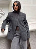 Women's Gray Plaid Stand-Collar Blazer Jacket with Long Sleeves