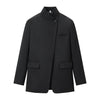 Women's Gray Plaid Stand-Collar Blazer Jacket with Long Sleeves