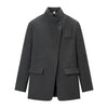 Women's Gray Plaid Stand-Collar Blazer Jacket with Long Sleeves