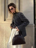 Women's Gray Plaid Stand-Collar Blazer Jacket with Long Sleeves