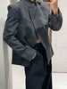 Women's Gray Plaid Stand-Collar Blazer Jacket with Long Sleeves