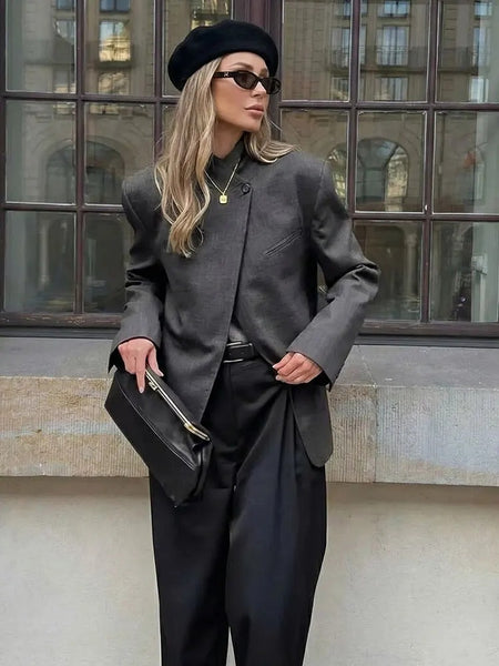 Women's Asymmetrical Blazer with a Single-Button Front in Plaid or Solid Colors