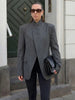 Women's Gray Plaid Blazer with a Stand Collar and Single-Button Front