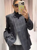 Women's Gray Plaid Blazer with a Stand Collar and Single-Button Front