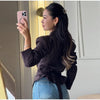 Women's Asymmetrical V-Neck Blazer with Lace-Up Detail and Long Sleeves