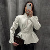 Women's Elegant Waist Cinching Blazer White V-neck Single Bresated Buttons Slim Suit Street Outwear