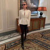 Women's Elegant Waist Cinching Blazer White V-neck Single Bresated Buttons Slim Suit Street Outwear