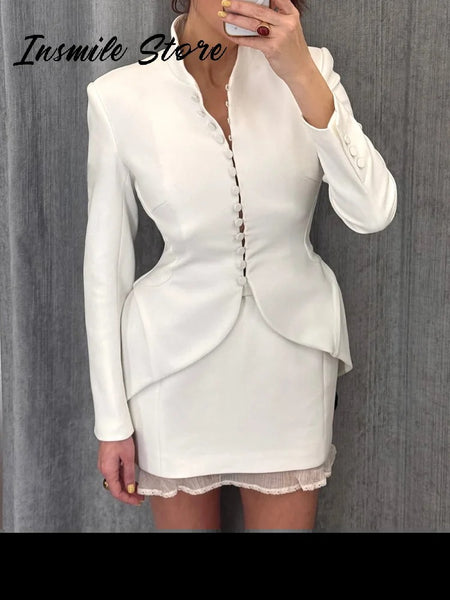 Women's Elegant Waist Cinching Blazer White V-neck Single Bresated Buttons Slim Suit Street Outwear