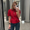 Women's Waist-Cinched Blazer with Hollow-Out Detail and Short Sleeves