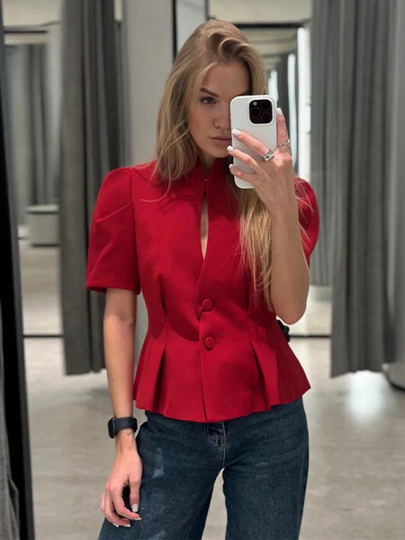 Women's Waist-Cinched Blazer with Hollow-Out Detail and Short Sleeves