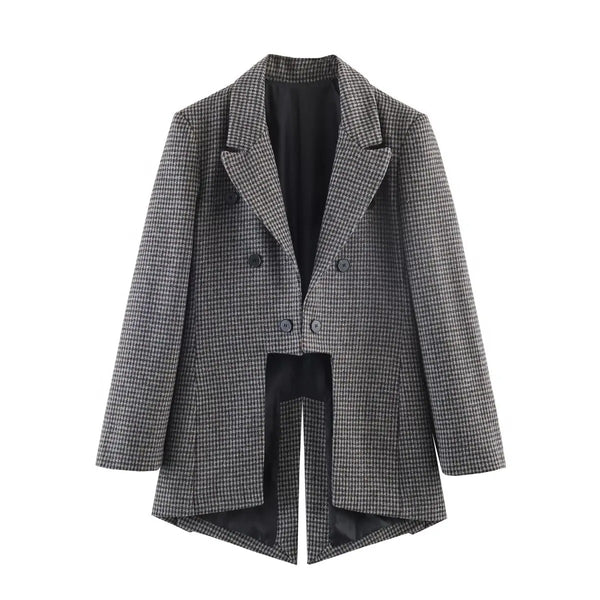 Women's Vintage Asymmetrical Blazer with a Houndstooth Pattern and Notched Lapels