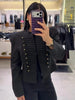 Women's Cropped Military-Style Blazer with Cord Braid Trim and Gold Buttons