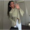 Women's Asymmetrical Blazer with Side Buttons and Ruffle Detail