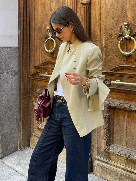 Women's Asymmetrical Blazer with Side Buttons and Ruffle Detail
