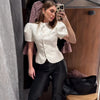 Women's Asymmetrical Blazer with Side Buttons and Ruffle Detail