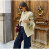 Women's Asymmetrical Blazer with Side Buttons and Ruffle Detail