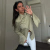 Women's Asymmetrical Blazer with Side Buttons and Ruffle Detail