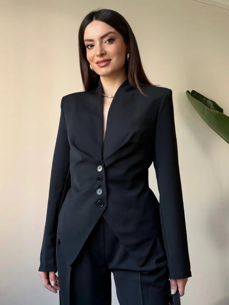 Women's V-Neck Blazer with a Pleated Waist and Lace-Up Detail in Multiple Colors