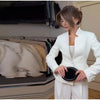 Women's Stand-Collar Blazer with Lace Patchwork and Long Sleeves in Green Brown or White