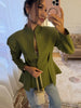 Women's Stand-Collar Blazer with Lace Patchwork and Long Sleeves in Green Brown or White