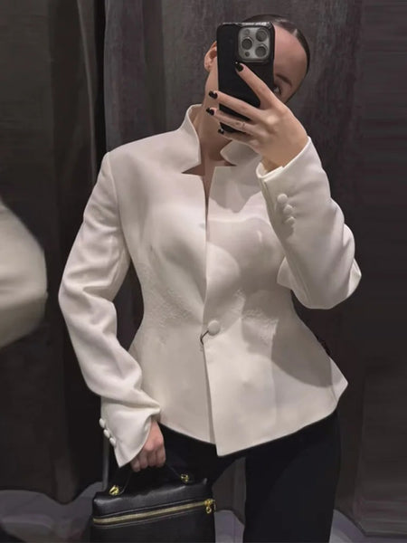 Women's Stand-Collar Blazer with Lace Patchwork and Long Sleeves in Green Brown or White
