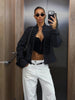 Women's Cropped Napoleon Blazer with a Stand Collar and Pleated Panels