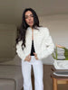 Women's Cropped Napoleon Blazer with a Stand Collar and Pleated Panels