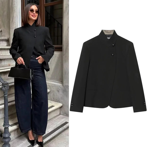 Women's Black Stand-Collar Blazer with a Button Front and Long Sleeves