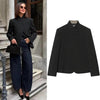 Women's Black Stand-Collar Blazer with a Button Front and Long Sleeves