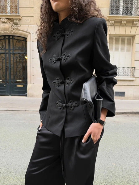 Women's Black Blazer with Chinese-Style Button Details