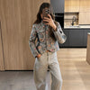 Women's Floral-Jacquard Cropped Blazer with a Mandarin Collar and Patch Pockets