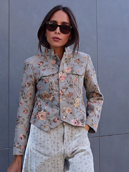 Women's Floral-Jacquard Cropped Blazer with a Mandarin Collar and Patch Pockets