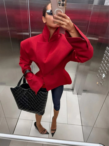 Women's Cropped Red Blazer with Shoulder Pads and a Double-Breasted Front