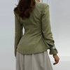 Women's Olive Green Striped Blazer with a Sculpted Waist and Asymmetric Hem