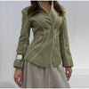 Women's Olive Green Striped Blazer with a Sculpted Waist and Asymmetric Hem