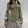 Women's Olive Green Striped Blazer with a Sculpted Waist and Asymmetric Hem