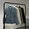Women's Olive Green Striped Blazer with a Sculpted Waist and Asymmetric Hem
